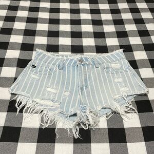 KanCan Blue White Striped Distressed Ripped Denim Jean Shorts Shortie Frayed